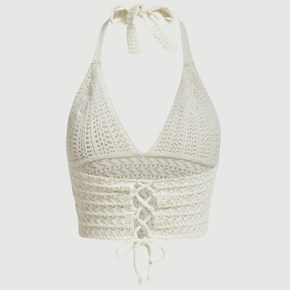 Women Lace Up Backless Crochet Crop Halter Top Boho Summer Streetwear - Picture 7 of 7